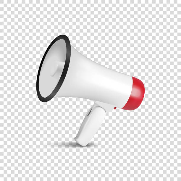 illustrazioni stock, clip art, cartoni animati e icone di tendenza di vector realistic 3d simple white megaphone icon closeup isolated su sfondo trasparente. modello di progettazione per banner, web - megafono