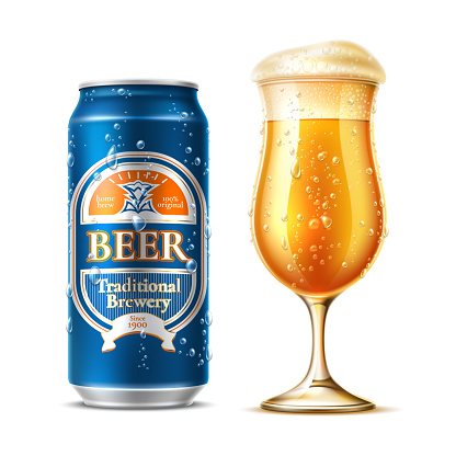 Vector realistic beer glass lager beer bottle