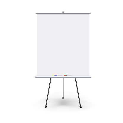 Vector realistic blank flipchart with three legs isolated on white clean background. White roll up banner for presentation, corporate training and briefing. Vector mockup.