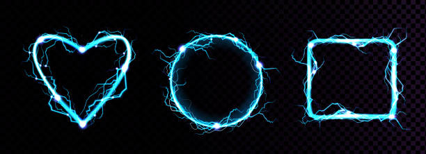 Vector realistic blue electric lightning frames Electric lightning frames in shape of circle, heart and square. Digital glowing neon borders. Vector realistic set of blue sparking discharge isolated on transparent background door borders stock illustrations