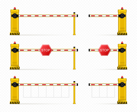 Vector realistic car barrier. Barricade, road block for parking entrance. Closed parking car barrier gate set with stop sign isolated on transparent background.