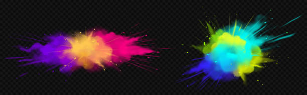 Vector realistic color powder explosion Color powder explosions isolated on transparent background. Splash of paint dust with particles. Vector realistic set of burst effect of colorful powder clouds colored powder stock illustrations