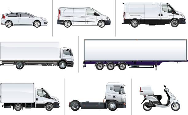 Vector realistic delivery transport mock-up Vector realistic delivery transport template for brand identity, isolated on white. Side views. EPS-10 separated by groups and layers with transparency effects for one-click repaint and easy edit. truck drawings stock illustrations