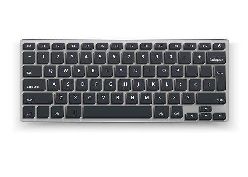 Vector realistic desktop keyboard mockup. 3d qwerty alphabet computer electronic device with black letter buttons on grey. Wireless modern plastic, aluminum tool on isolated white background