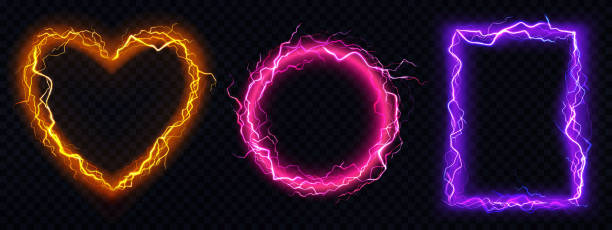 Vector realistic electric lightning frames Electric lightning frames in shape of circle, heart and rectangle. Digital glowing neon borders. Vector realistic set of pink, red and purple sparking discharge isolated on transparent background lightning borders stock illustrations