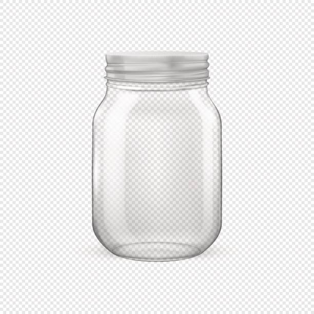 Vector realistic empty glass jar for canning and preserving with silvery lid closeup isolated on transparent background. Design template for advertise, branding, mockup. EPS10 Vector realistic empty glass jar for canning and preserving with silvery lid closeup isolated on transparent background. Design template for advertise, branding, mockup. EPS10 illustration. candy jar stock illustrations