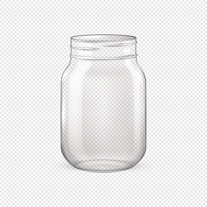 Vector realistic empty glass jar for canning and preserving without lid closeup isolated on transparent background. Design template for advertise, branding, mockup. EPS10