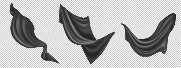 Vector realistic flying black silk fabric Flying black silk fabric isolated on white background. Vector realistic set of billowing velvet clothes, curtains or scarf in blowing wind. Luxury black textile drapery, flowing satin tissue flowing cape stock illustrations