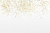 Vector realistic golden confetti on the transparent background. Concept of happy birthday, party and holidays.