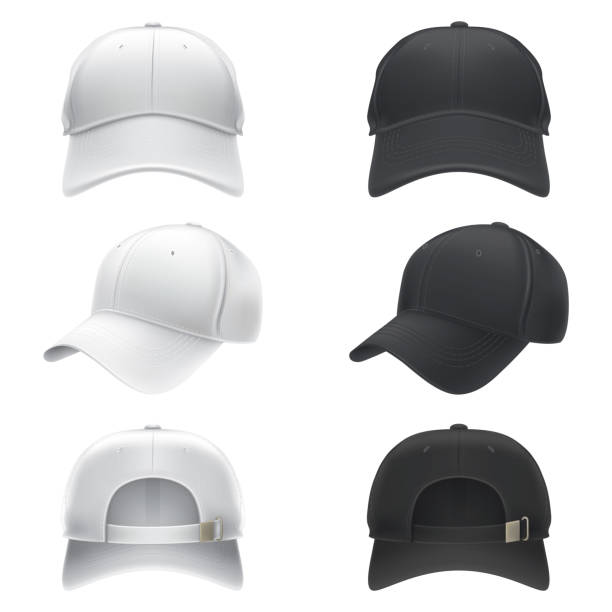 Vector realistic illustration of a white and black textile baseball cap front, back and side view Vector realistic illustration of a white and black textile baseball cap front, back and side view, isolated on white. Print, template, moc up, design element cap hat stock illustrations