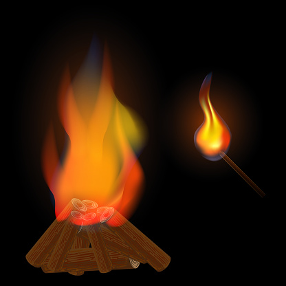 Vector realistic illustration of burning match and bonfire on black background