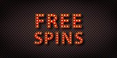 Vector realistic isolated neon marquee sign of Free Spins logo on the transparent background.
