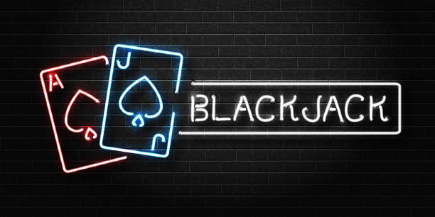 stockillustraties, clipart, cartoons en iconen met realistische vector geïsoleerd neon teken van blackjack logo voor decoratie en bekleding op de muur achtergrond. concept van casino en gokken. - chelsea
