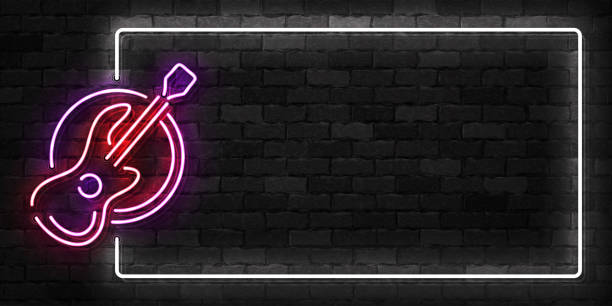 stockillustraties, clipart, cartoons en iconen met realistische vector geïsoleerd neon teken van gitaar frame symbool voor sjabloon decoratie en bekleding op de muur achtergrond. - concert