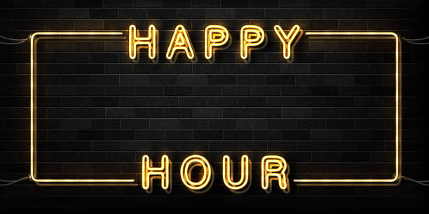 Vector realistic isolated neon sign of Happy Hour frame logo for decoration and covering on the wall background. Concept of night club, free drinks, bar counter and restaurant. Vector realistic isolated neon sign of Happy Hour frame logo for decoration and covering on the wall background. Concept of night club, free drinks, bar counter and restaurant. cocktail borders stock illustrations