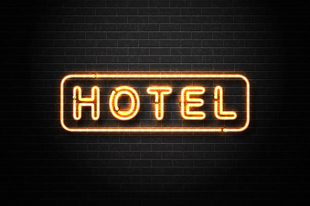 stockillustraties, clipart, cartoons en iconen met realistische vector geïsoleerd neon teken van hotel logo voor decoratie en bekleding op de muur achtergrond. - chelsea
