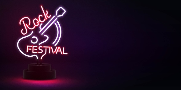 Vector realistic isolated neon sign of Rock Festival logo for template decoration with copy space on the dark background.