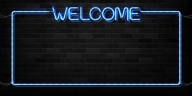 Vector realistic isolated neon sign of Welcome frame logo for decoration and covering on the wall background. Vector realistic isolated neon sign of Welcome frame logo for decoration and covering on the wall background. businessman borders stock illustrations
