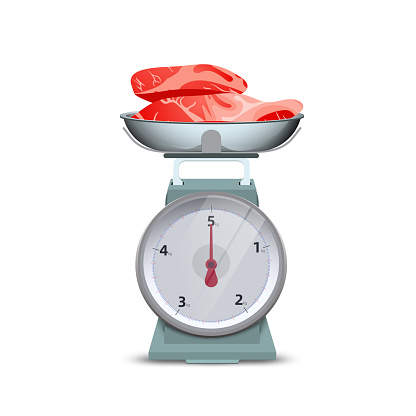 Vector realistic Kitchen scale.Beef on the kitchen scale