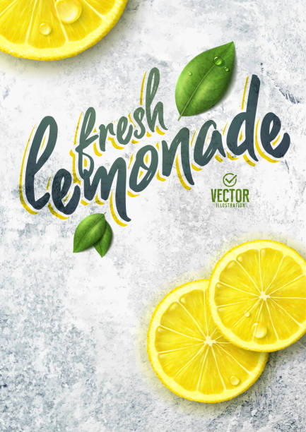 Vector realistic lemon illustration and leaves on white stone background Vector realistic lemon illustration and leaves on white stone background smoothie backgrounds stock illustrations