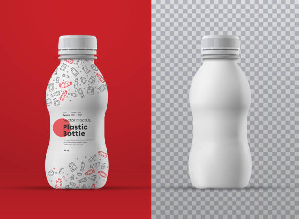 Vector realistic mockup of white plastic curly bottle for drinks. Vector realistic mockup of white plastic curly bottle for drinks. Universal for different volumes m milliliters. Template for the presentation of packaging design and labels bottle stock illustrations