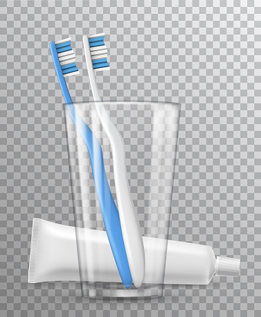Vector realistic pair of toothbrushes in a glass with tube of toothpaste