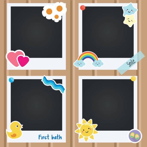Vector realistic photo frames for children, newborn, baby albums. Template for applications, scrapbook and design decorated with cute stickers Vector realistic photo frames for children, newborn, baby albums. Template for applications, scrapbook and design decorated with cute stickers child photos stock illustrations
