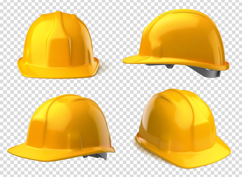 Vector realistic illustration of yellow safety helmets on a transparent background.