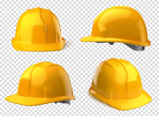 Vector realistic safety helmets Vector realistic illustration of yellow safety helmets on a transparent background. helmet stock illustrations