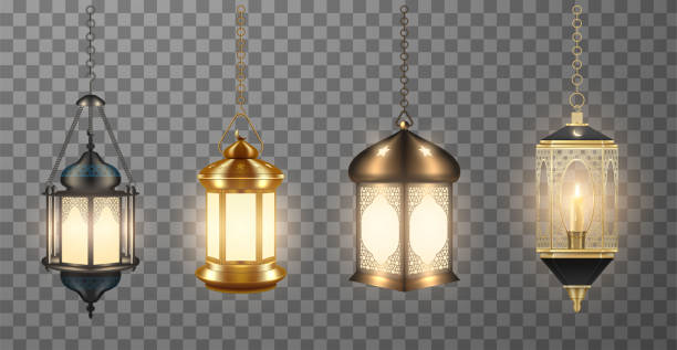 Vector realistic set of beautiful muslim ornamental lamps, lanterns hanging on chainlets. Vector realistic set of beautiful muslim ornamental lamps hanging on chainlets. Gold, bronze, black metal oriental lanterns Fanous with stars, crescent moon bundle isolated on transparent background. fanous stock illustrations