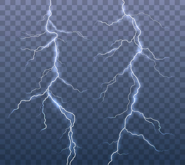 ilustraciones, imágenes clip art, dibujos animados e iconos de stock de juego realista vector de efectos relámpago aislado sobre fondo transparente - lightning