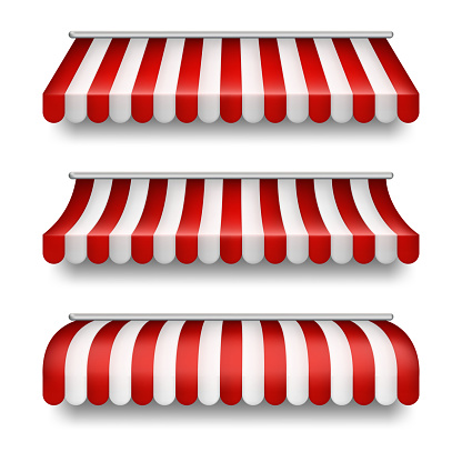Vector realistic set of striped awnings for shops