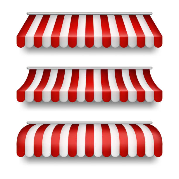 Vector realistic set of striped awnings for shops Vector realistic set of striped awnings isolated on background. Clipart with red and white tents, textile roofs for retail shops, markets, street fast food cafe. Decorative element for your design supermarket backgrounds stock illustrations