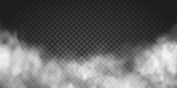 Vector realistic smoke cloud or gray fog, rocket or missile launch pollution. Abstract gas on transparent background, vapor machine steam or explosion dust, dry ice effect, condensation, fume  ice stock illustrations