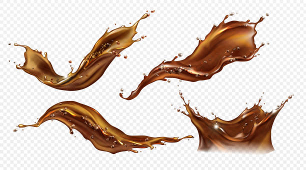 Vector realistic splash of coffee, cola or tea Splash of coffee, cola or tea isolated on transparent background. Vector realistic set of liquid waves of falling and flowing brown drink with drops and bubbles spilling stock illustrations