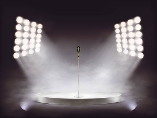 Vector realistic stage with microphone and smoke 3D vector round white podium with metallic microphone illuminated by white beams of spotlights, isolated on dark background. Empty realistic stage with a special effect of smoke and theatrical fog presentation speech backgrounds stock illustrations