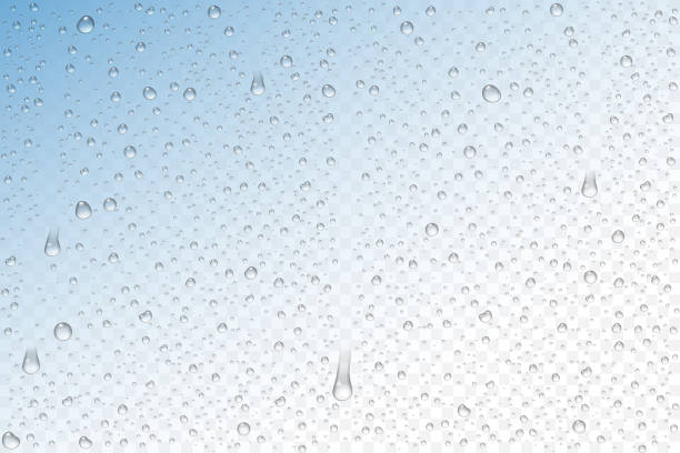 Vector realistic water drops condensed Vector realistic water drops condensed on transparent background. Rain droplets without shadows for transparent surface. Pure water bubbles isolated. Many forms and sizes. window backgrounds stock illustrations