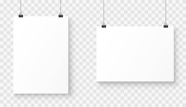 Vector realistic white blank A4 paper poster hanging on a rope with clip - stock vector. Vector realistic white blank A4 paper poster hanging on a rope with clip - stock vector. exhibition photos stock illustrations