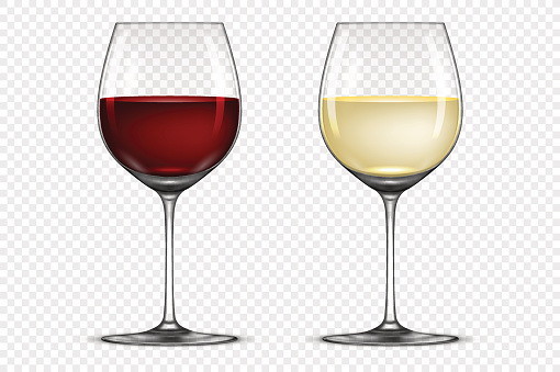 Vector realistic wineglass icon set - with white and red wine, isolated on transparent background. Design template in EPS10