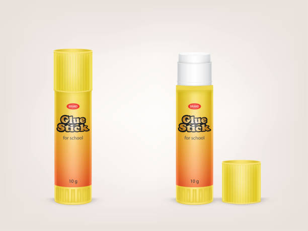 Vector realistic yellow tubes of glue stick Vector realistic yellow tubes of glue stick, with open lid and closed, with label and brand information isolated on background. Container with adhesive for office and school. Mockup for package design glue stick stock illustrations