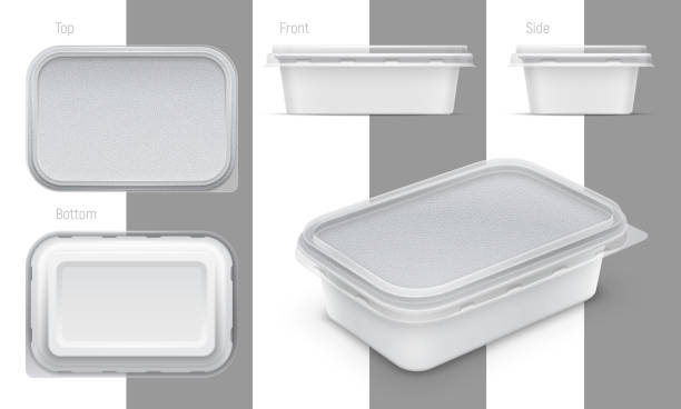 Vector rectangular plastic container with foil and transparent lid. Set of various views. Packaging mockup illustration. Vector rectangular plastic container with foil and transparent lid for butter, yoghurt or melted cheese. Set of top, bottom, front, side and perspective views. Packaging mockup illustration. box container stock illustrations
