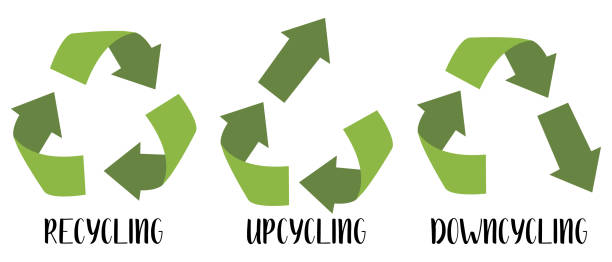 Vector recycling, upcycling and downcycling signs. Green reuse symbols for ecological design. Zero waste lifestyle. Vector recycling, upcycling and downcycling signs, isolated on white background. Green reuse symbols for ecological design. Zero waste lifestyle. upcycling stock illustrations