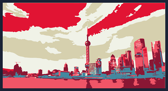 Vector red art engraving effects ShangHai city bund illustration background