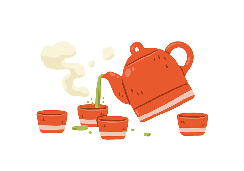 vector red ceramic teapot pouring green tea into red ceramic tea cups
