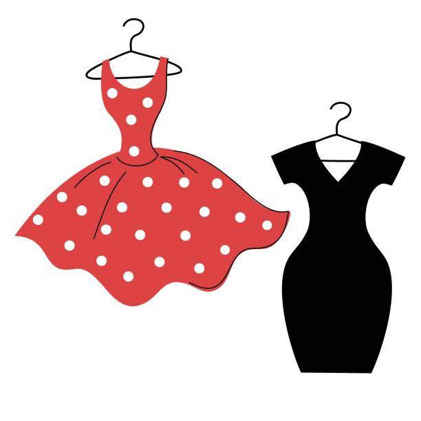 stockillustraties, clipart, cartoons en iconen met vector rode polka stip jurk en weinig zwarte jurk - jurk