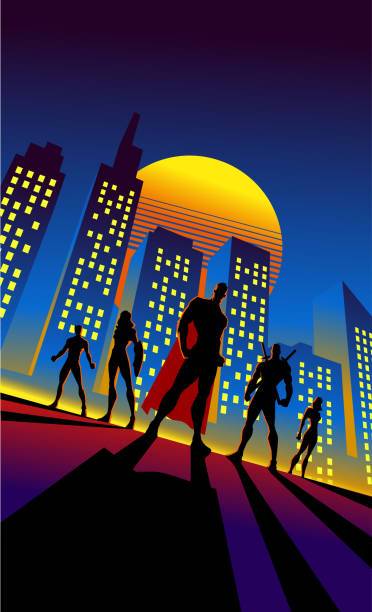 stockillustraties, clipart, cartoons en iconen met vector retro 80 's stijl superheld team silhouet illustratie in de stad - alleen volwassenen