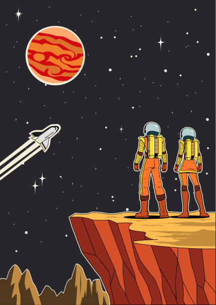 Vector Retro Astronaut Couple from Rear View on Planet With Outer Space Background Illustration A retro style vector illustration of a couple of astronaut standing on a planet from back view while looking at vast outer space. Wide space available for your copy. copy space illustrations stock illustrations