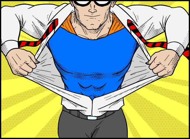 Eine Vektorillustration im Retro-Pop-Art-Stil eines Mannes, der sein Hemd zerreißt und sich in einen Superhelden verwandelt. Legen Sie Ihr Logo oder Ihren Text auf die Brust.
