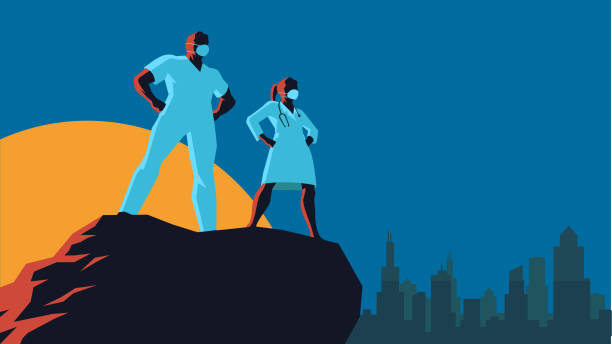 Vector Retro Superhero Doctors A retro style cartoon vector illustration of a team of doctors standing on cliff with city skyline in the background. Wide space available for your copy. hospital silhouettes stock illustrations