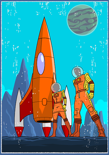 Vector Retro Vintage Astronaut Couple and Space Ship Stock Illustration